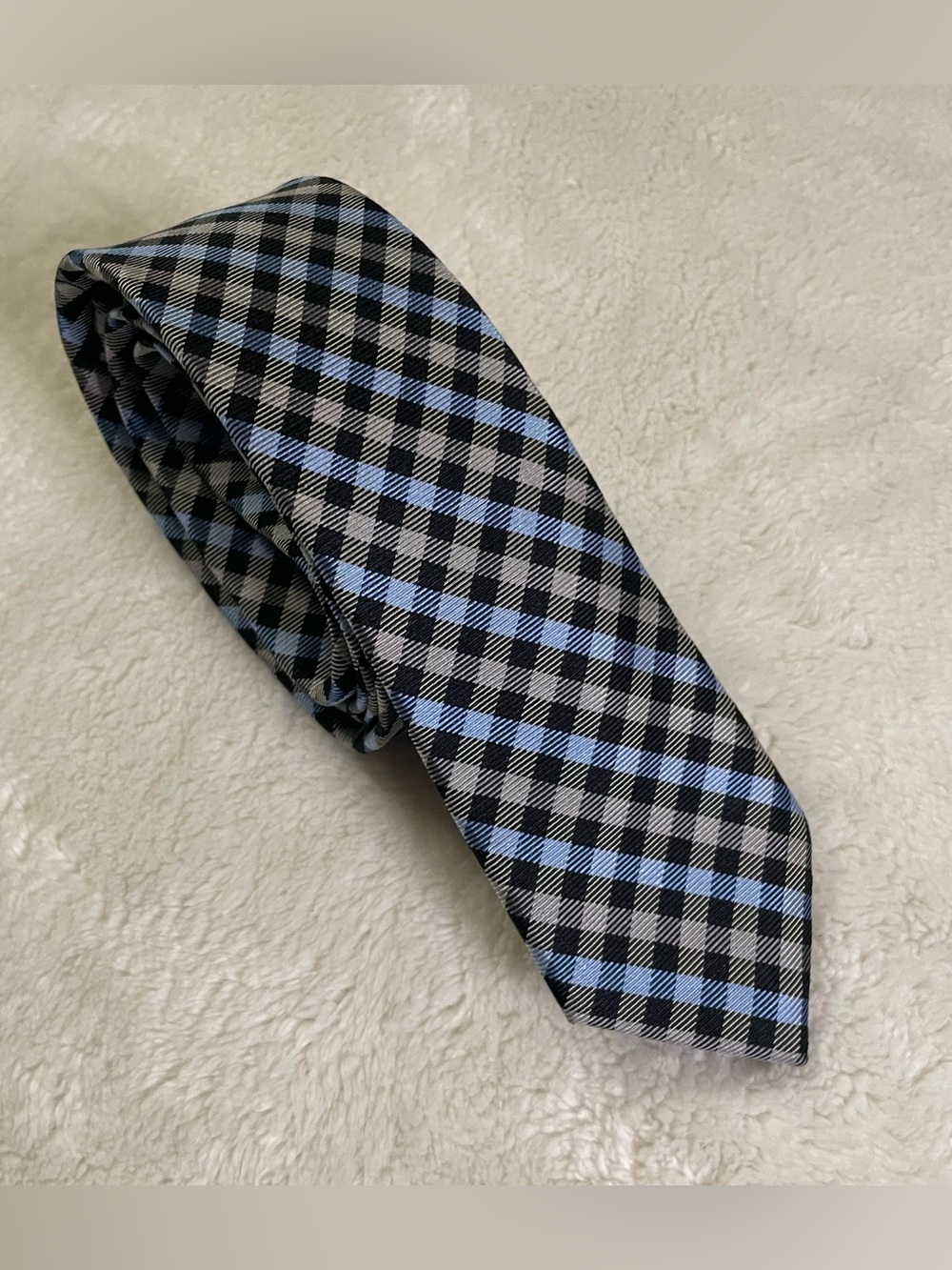 Nordstrom 100% Silk Black and Blue Plaid Skinny Tie